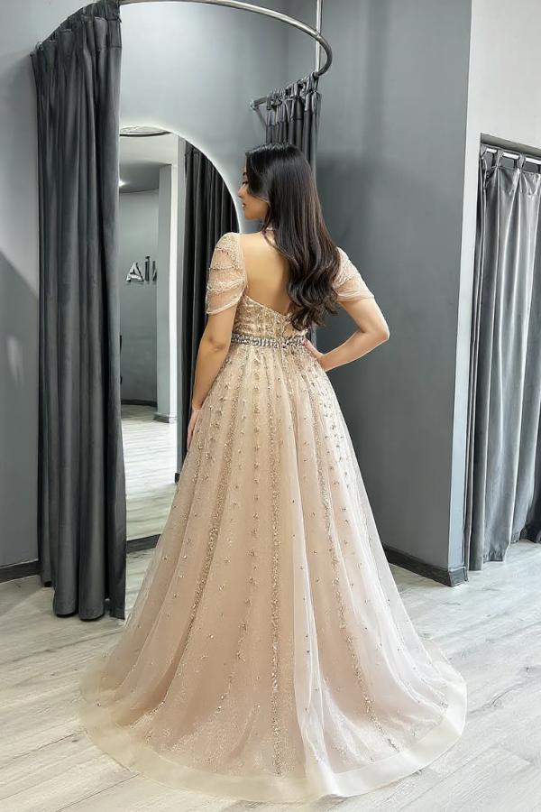 Dressystars A Line Formal Dress Off the Shoulder Beaded Prom Evening Gown