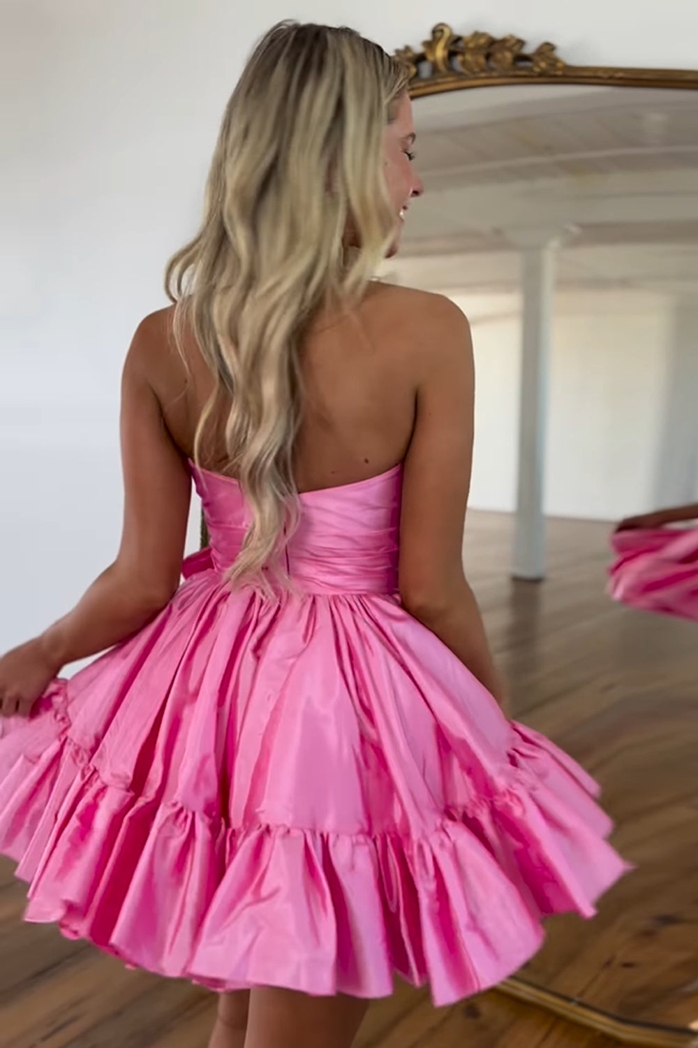 Dressystars A Line Fuchsia Homecoming Dress Strapless Tiered Short Prom Dress with Bow