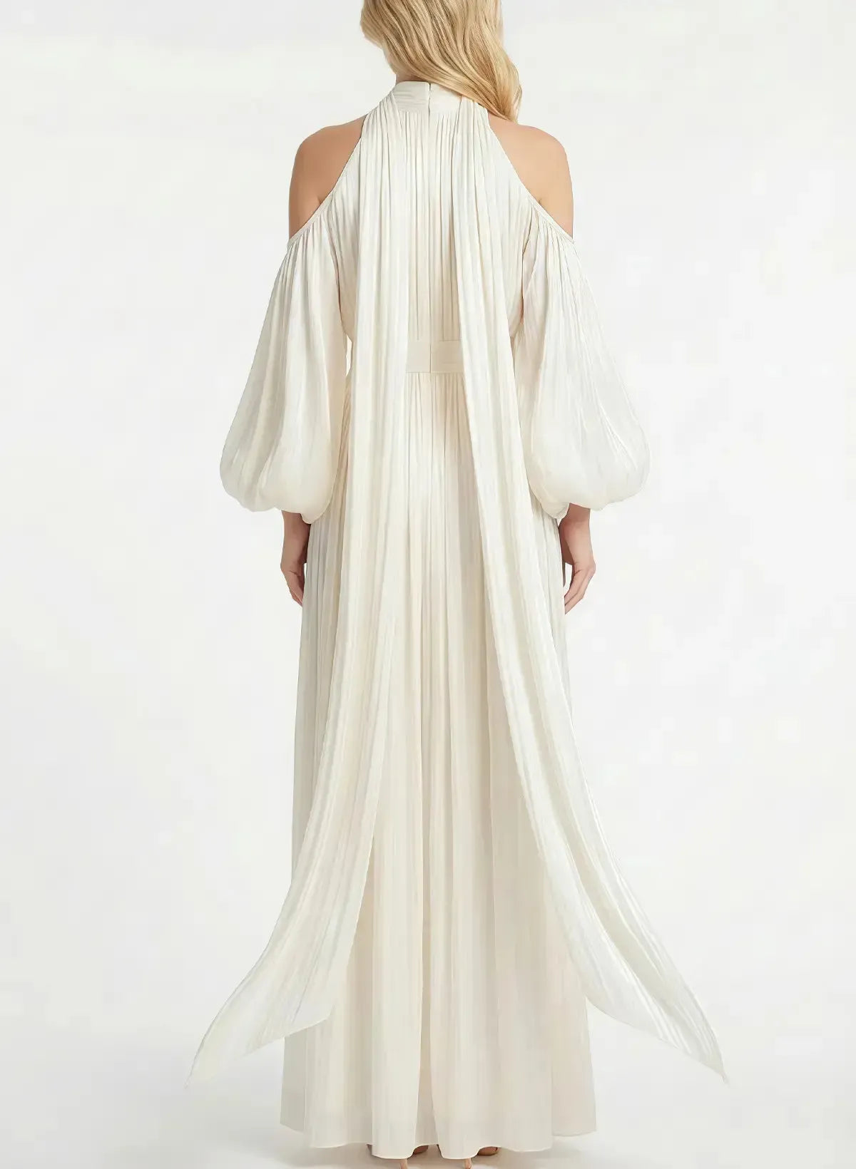 Dressystars A Line Halter Neck Long Sleeves Floor Length Wedding Dress with Pleats