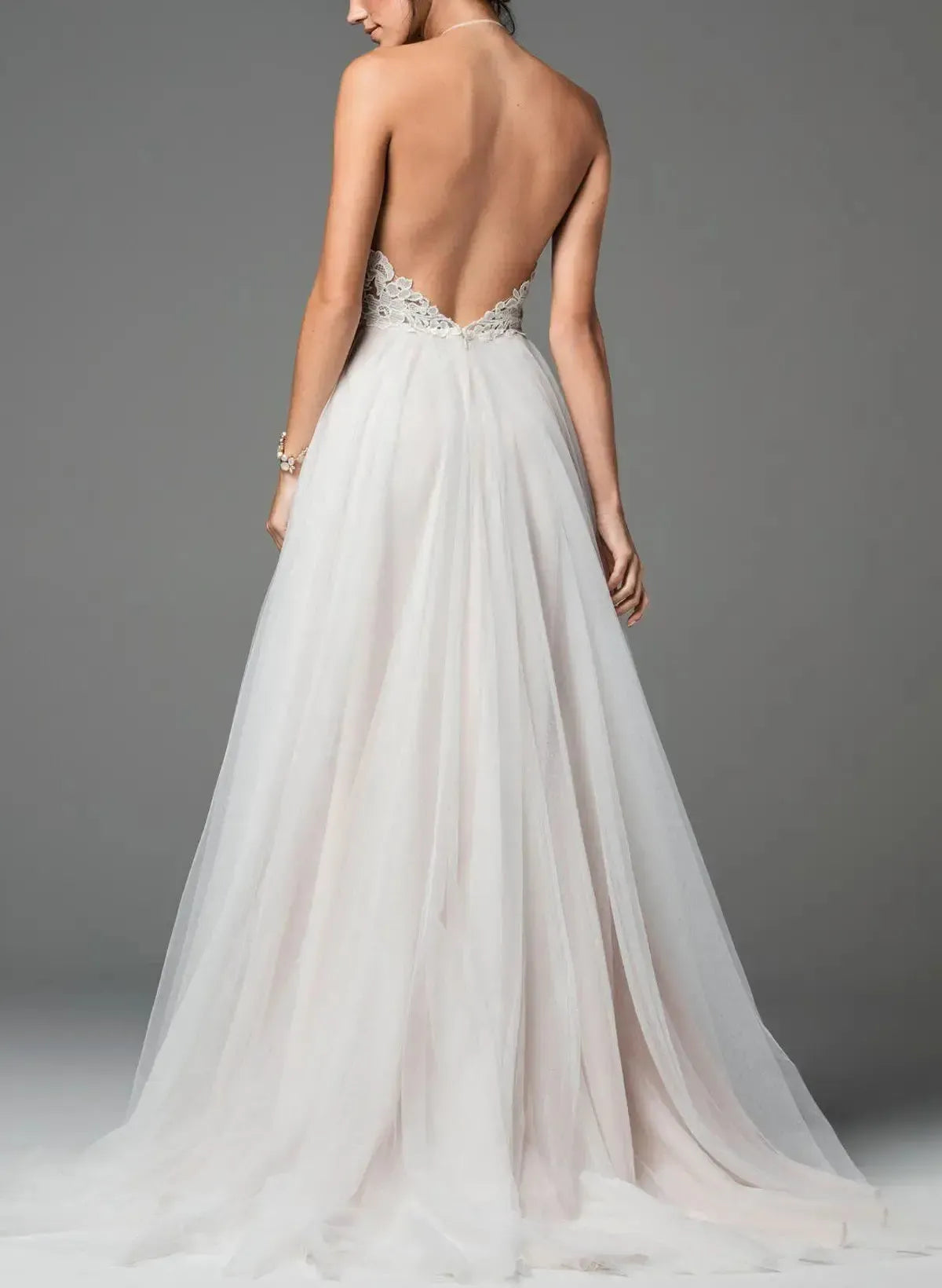 Dressystars A Line Halter Neck Sleeveless Sweep Train Lace Tulle Wedding Dress with Pockets
