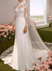 Dressystars A Line High Neck Long Sleeves Chapel Train Lace Satin Wedding Dress with Overskirt