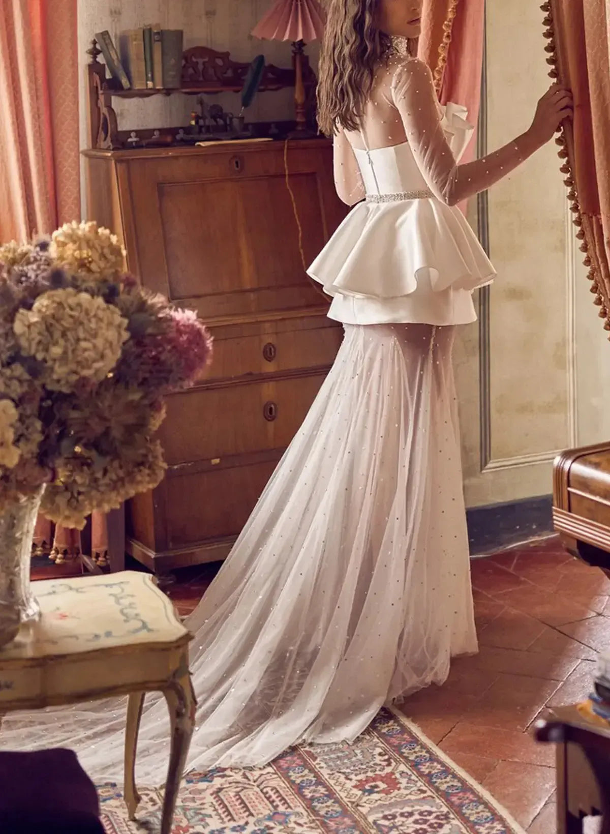 Dressystars A Line High Neck Long Sleeves Court Train Satin Wedding Dress with Beading