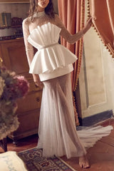 Dressystars A Line High Neck Long Sleeves Court Train Satin Wedding Dress with Beading