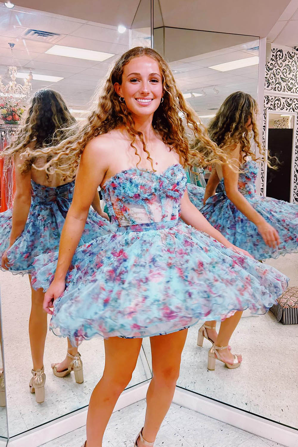 Dressystars A-Line Homecoming Dress Flower Sweetheart Corset Floral Prom Dress with Ruffles