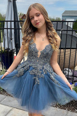 Dressystars A Line Homecoming Dress Spaghetti Straps Short Prom Dress with Appliques