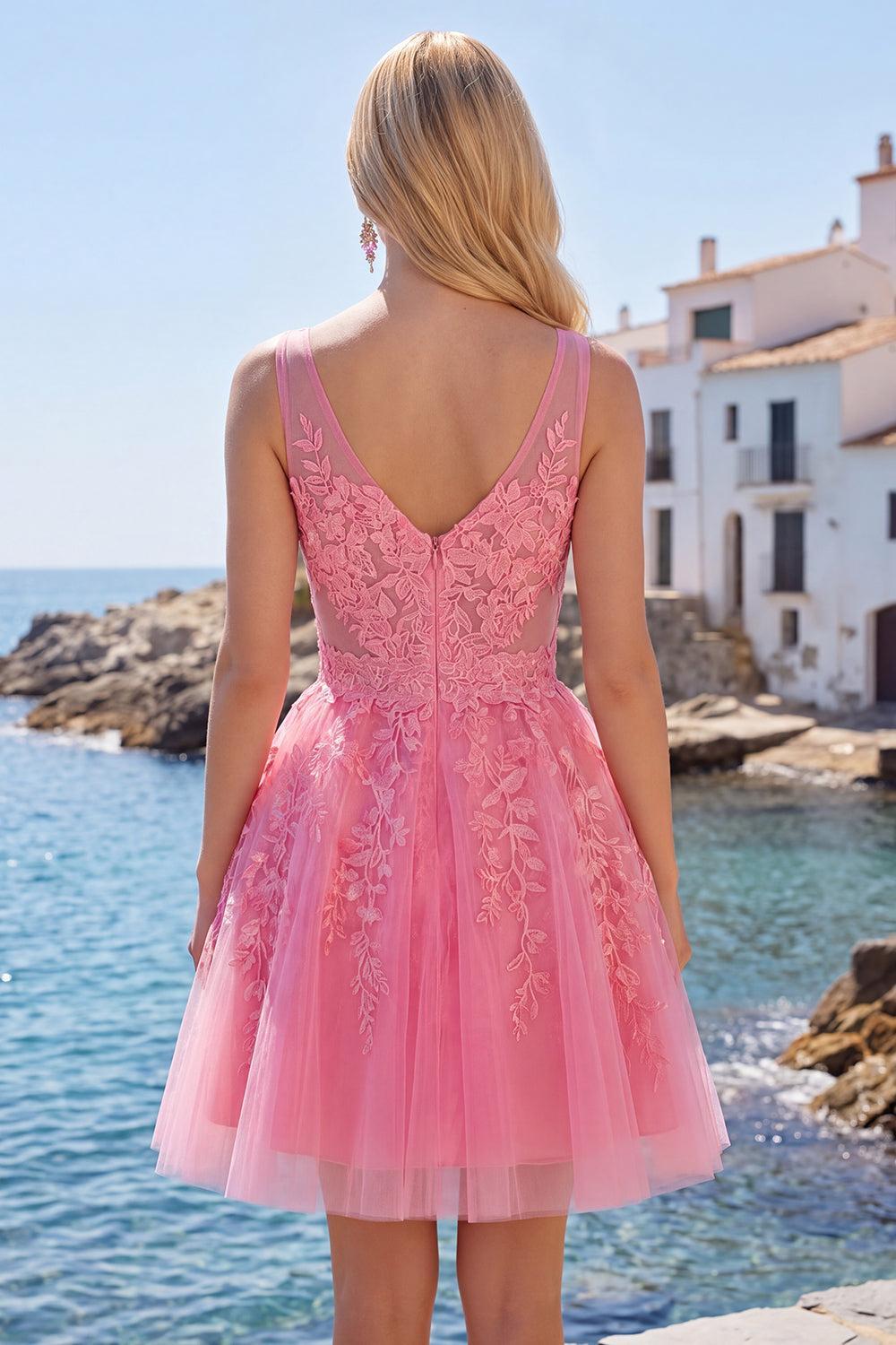 Dressystars A Line Hot Pink Lace Appliqued V-Neck Short Homecoming Dress