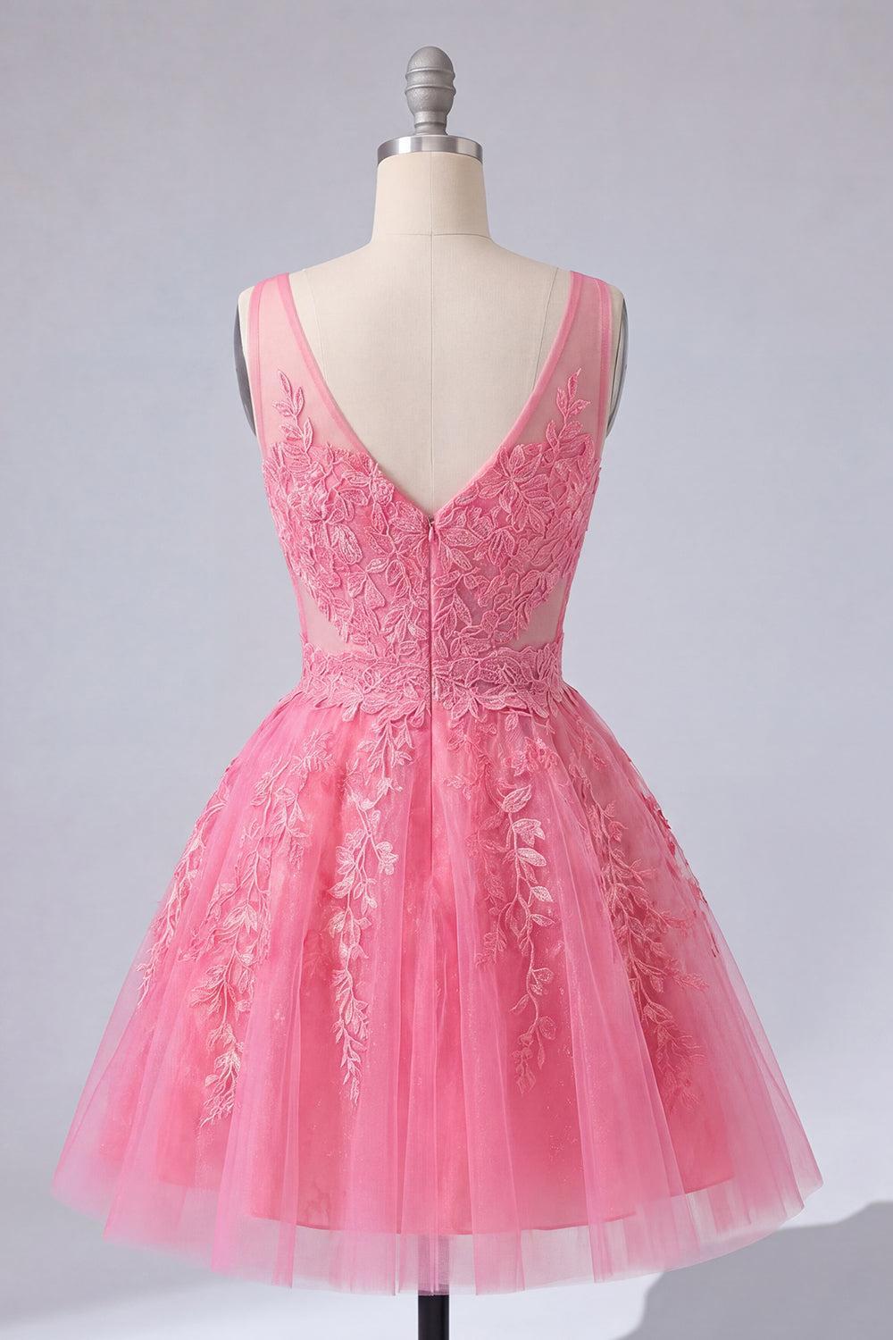 Dressystars A Line Hot Pink Lace Appliqued V-Neck Short Homecoming Dress