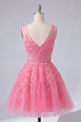 Dressystars A Line Hot Pink Lace Appliqued V-Neck Short Homecoming Dress