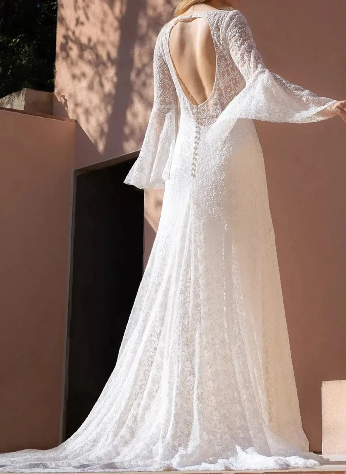 Dressystars A Line Illusion Neck Long Sleeves Sweep Train Matte Satin Wedding Dress with Lace