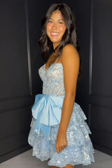 Dressystars A Line Light Blue Homecoming Dress Strapless Short Prom Dress with Bow