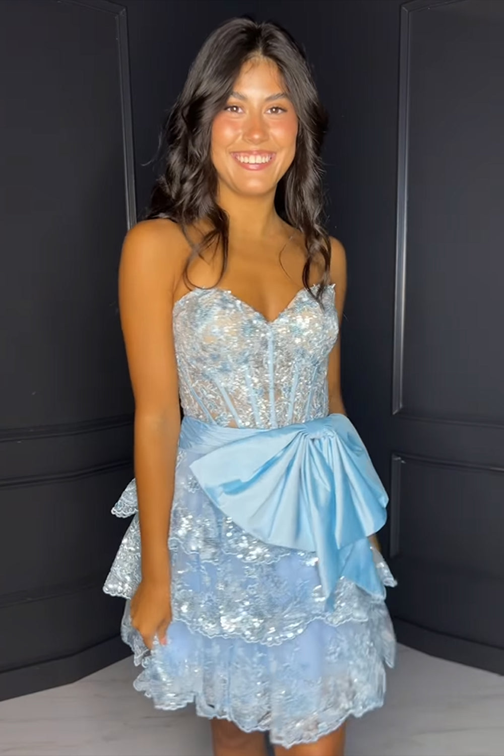 Dressystars A Line Light Blue Homecoming Dress Strapless Short Prom Dress with Bow