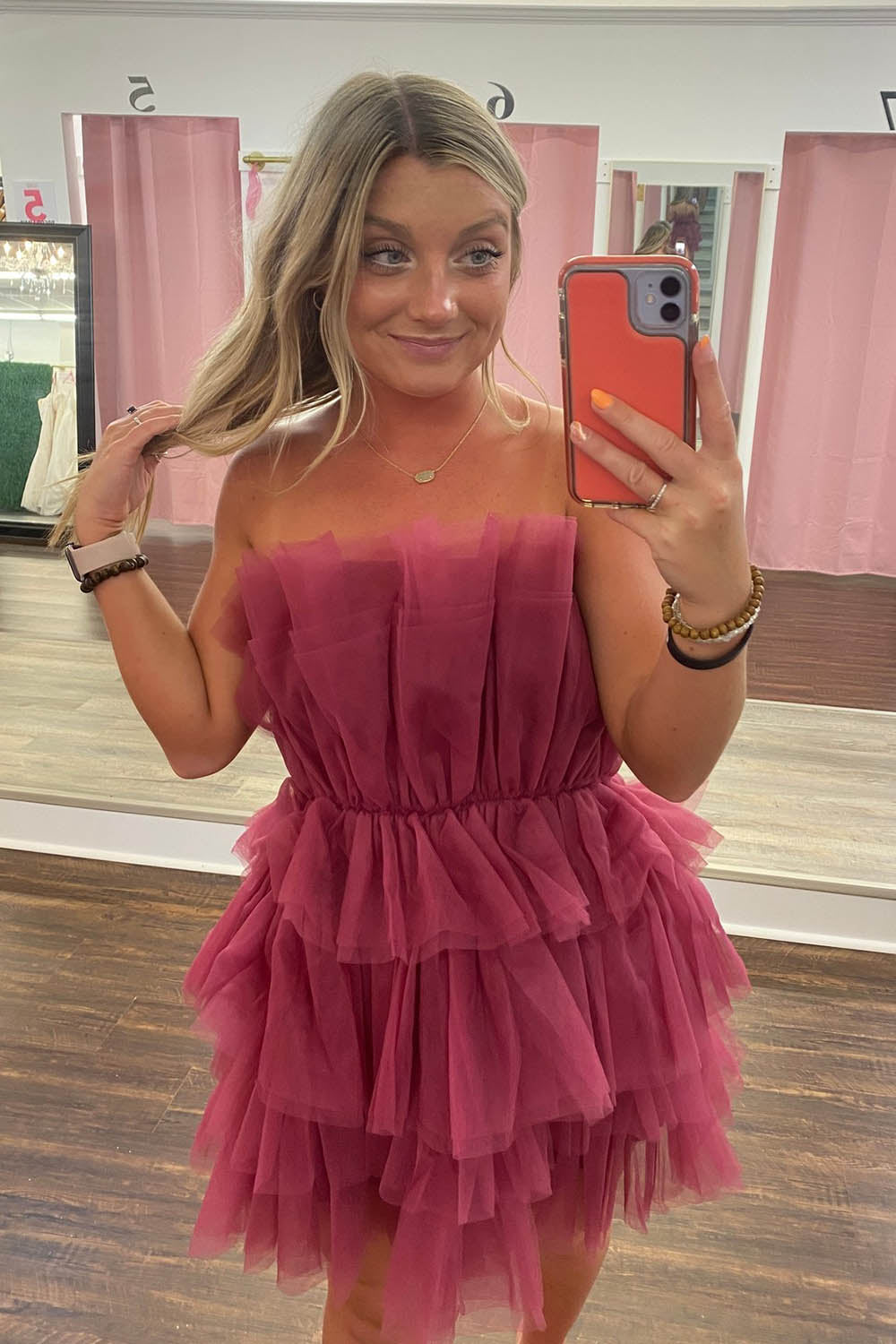 Dressystars A-Line Light Blue Homecoming Dress Strapless Tiered Tulle Short Prom Dress