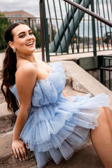 Dressystars A-Line Light Blue Homecoming Dress Strapless Tiered Tulle Short Prom Dress