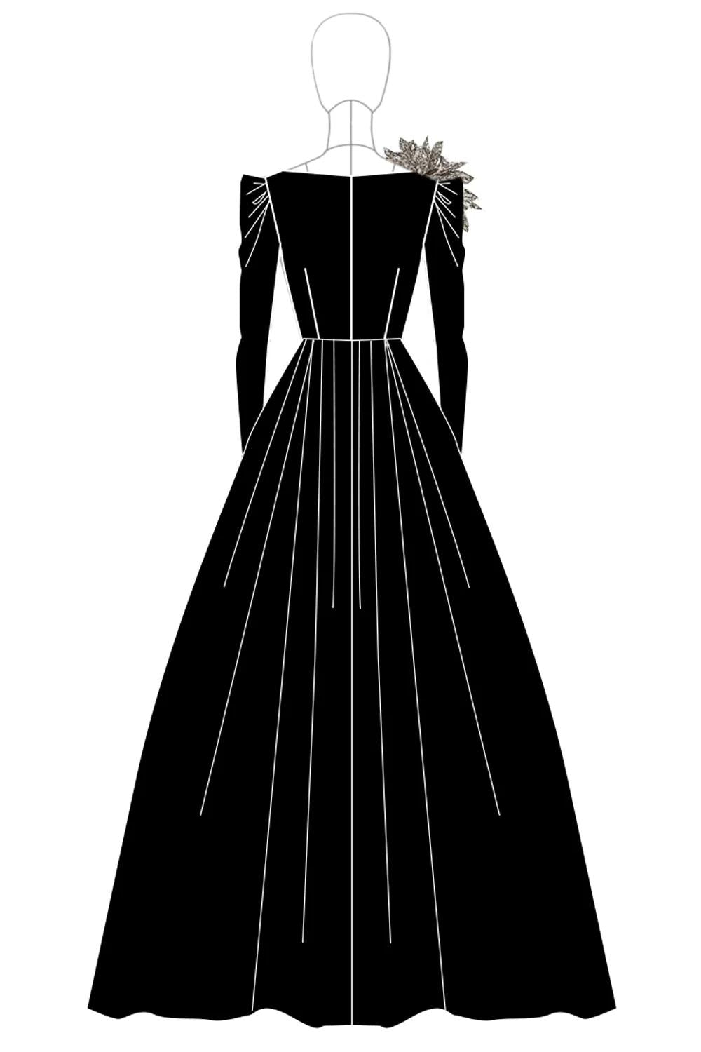 Dressystars A-Line Long Black Wedding Guest Dress Satin Boat Neck Formal Dress With Long Sleeves