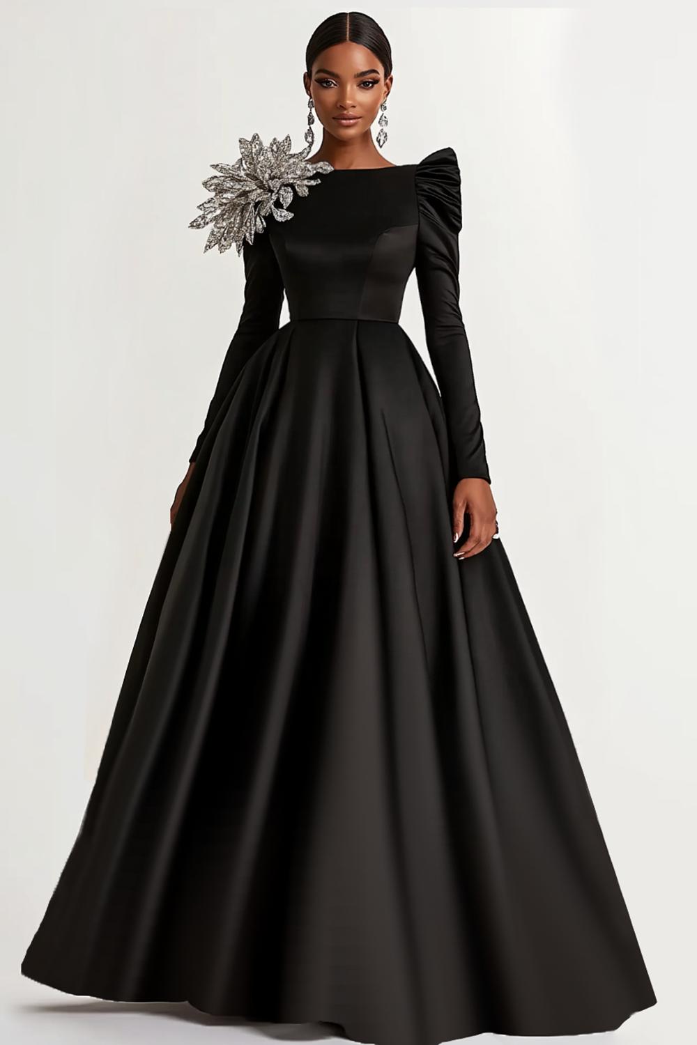 Dressystars A-Line Long Black Wedding Guest Dress Satin Boat Neck Formal Dress With Long Sleeves