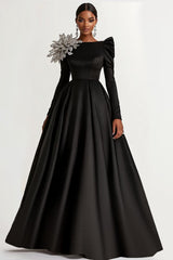 Dressystars A-Line Long Black Wedding Guest Dress Satin Boat Neck Formal Dress With Long Sleeves