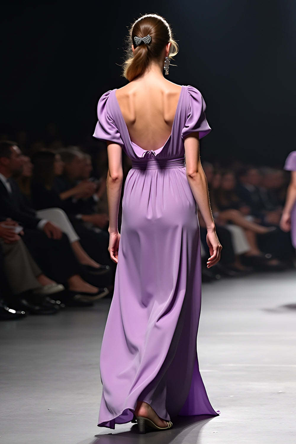 Dressystars A Line Long Purple Wedding Guest Dress V-Neck Wedding Guest Dress With Short Sleeves