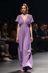 Dressystars A Line Long Purple Wedding Guest Dress V-Neck Wedding Guest Dress With Short Sleeves