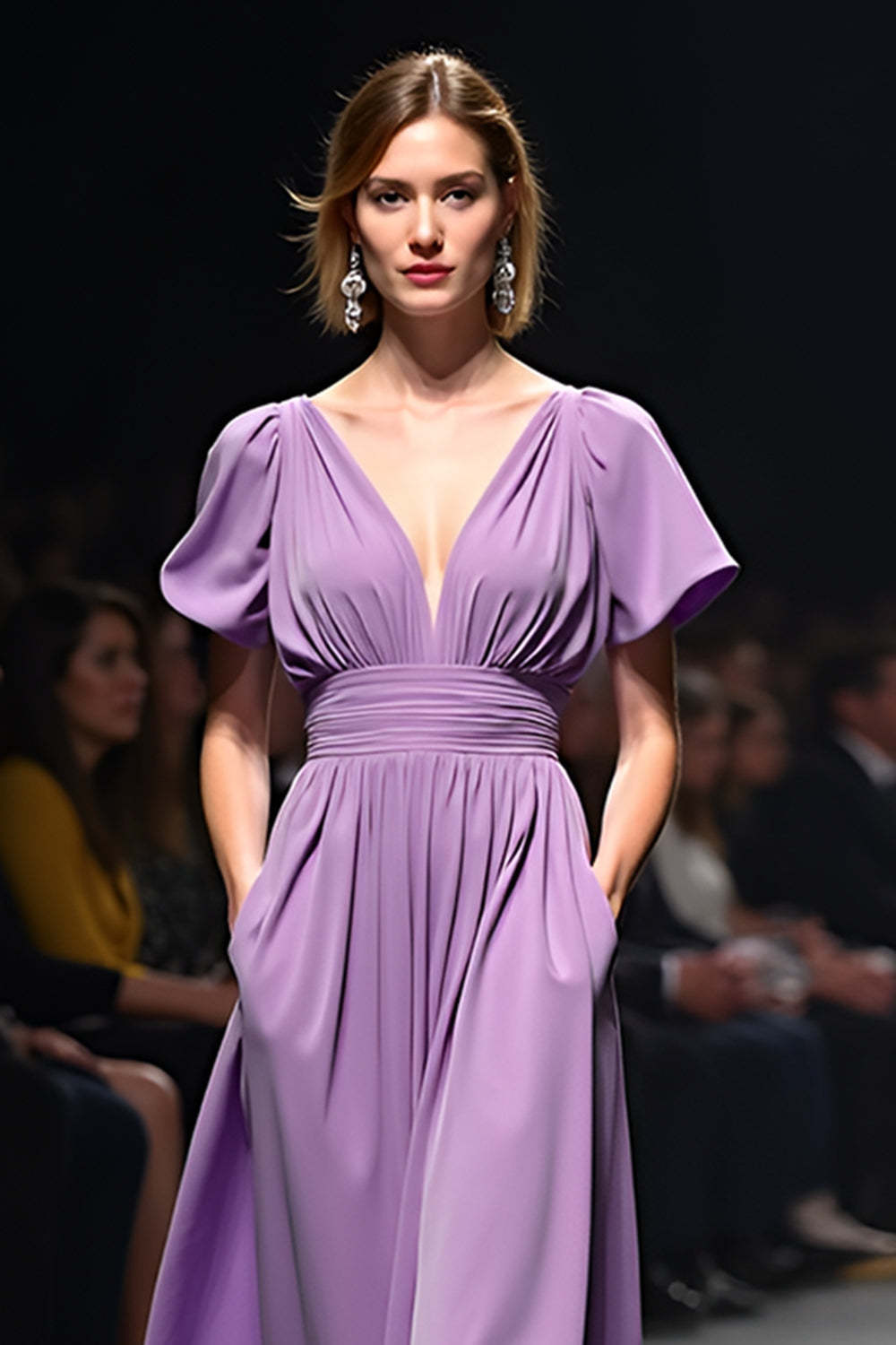 Dressystars A Line Long Purple Wedding Guest Dress V-Neck Wedding Guest Dress With Short Sleeves