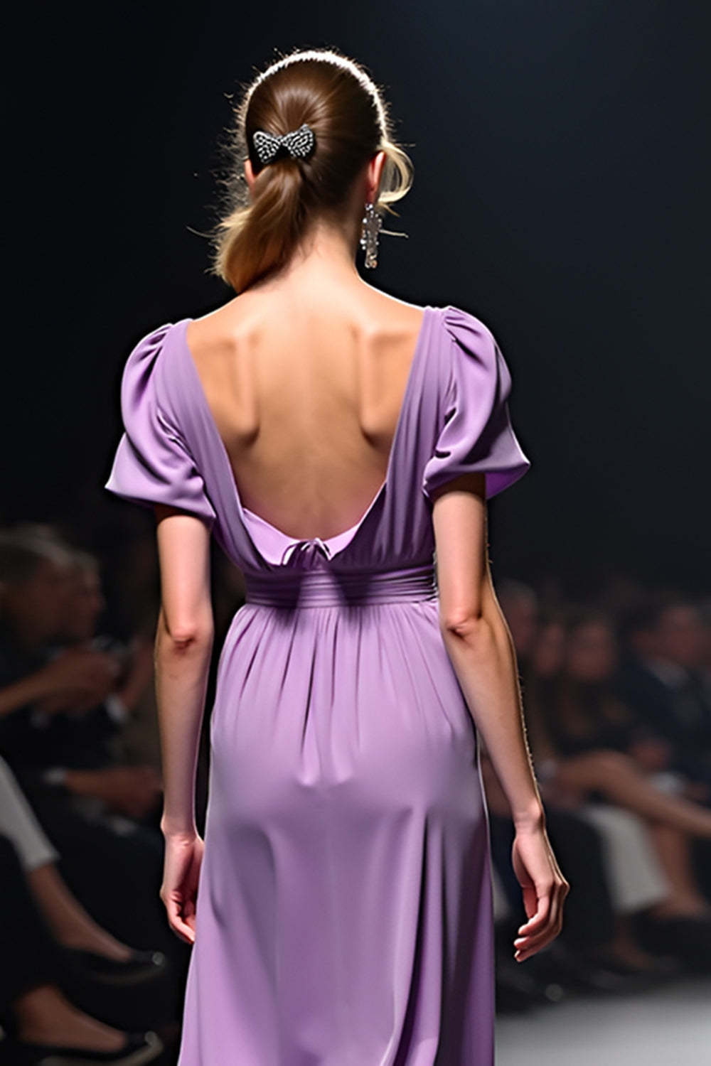 Dressystars A Line Long Purple Wedding Guest Dress V-Neck Wedding Guest Dress With Short Sleeves