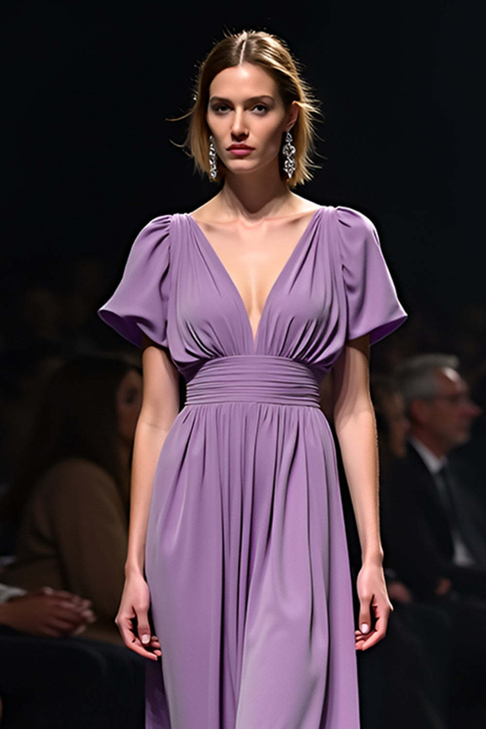 Dressystars A Line Long Purple Wedding Guest Dress V-Neck Wedding Guest Dress With Short Sleeves