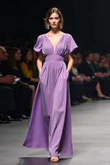 Dressystars A Line Long Purple Wedding Guest Dress V-Neck Wedding Guest Dress With Short Sleeves