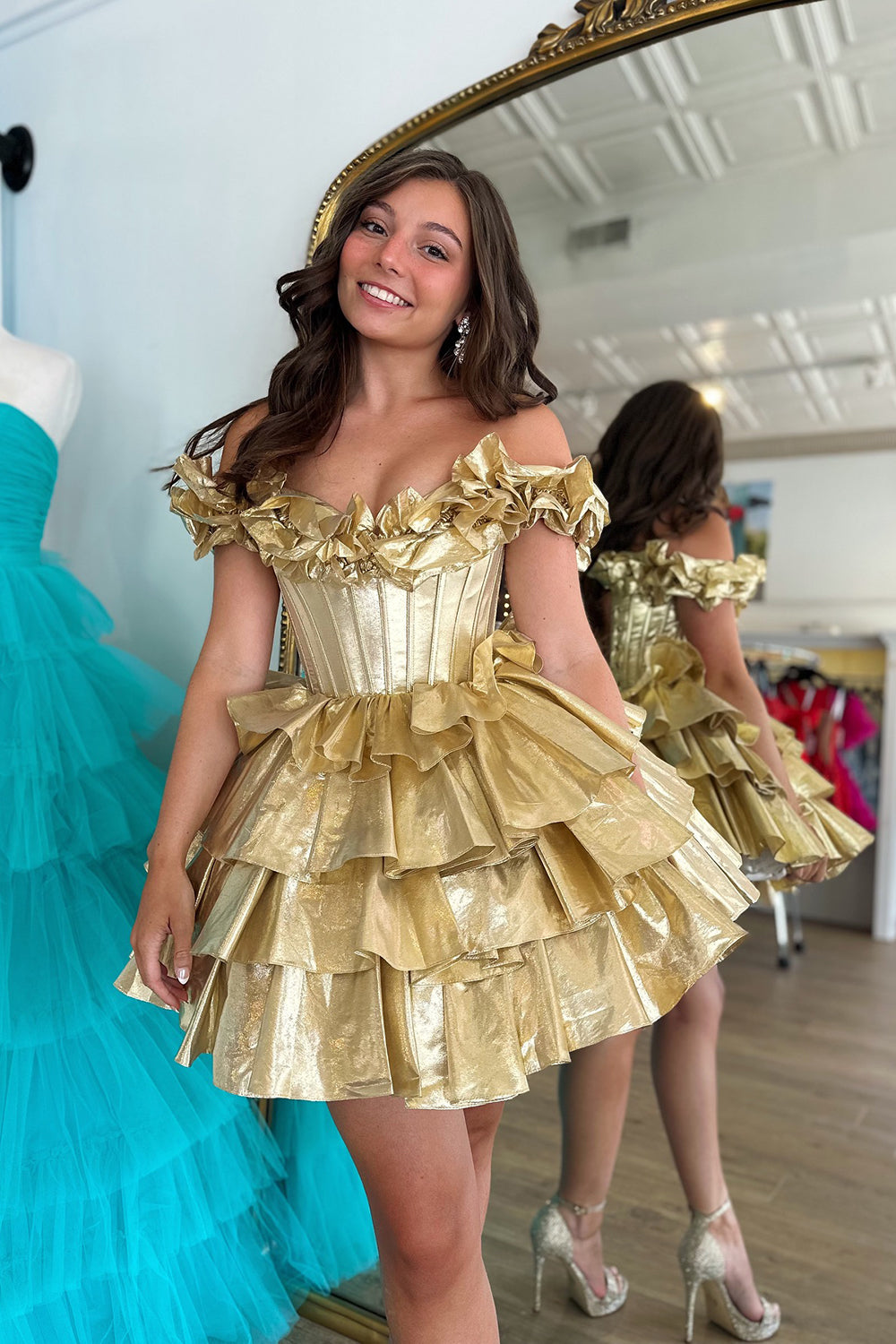 Dressystars A -Line Off The Shoulder Golden Homecoming Dress Corset Short Prom Dress with Ruffles
