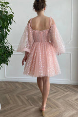 Dressystars A Line Off the Shoulder Blush Homecoming Dress Short Prom Dress with Long Sleeves