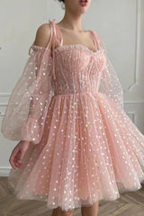 Dressystars A Line Off the Shoulder Blush Homecoming Dress Short Prom Dress with Long Sleeves