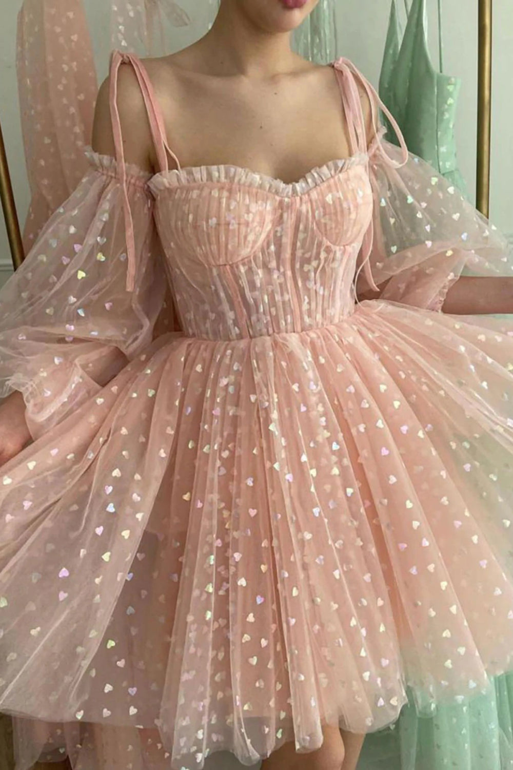 Dressystars A Line Off the Shoulder Blush Homecoming Dress Short Prom Dress with Long Sleeves