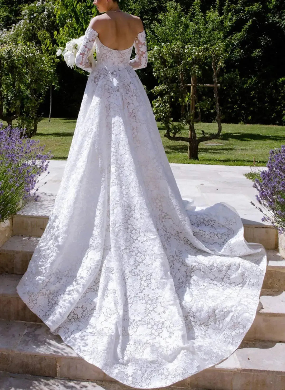 Dressystars A Line Off the Shoulder Long Sleeves Cathedral Lace Wedding Dress with Appliques