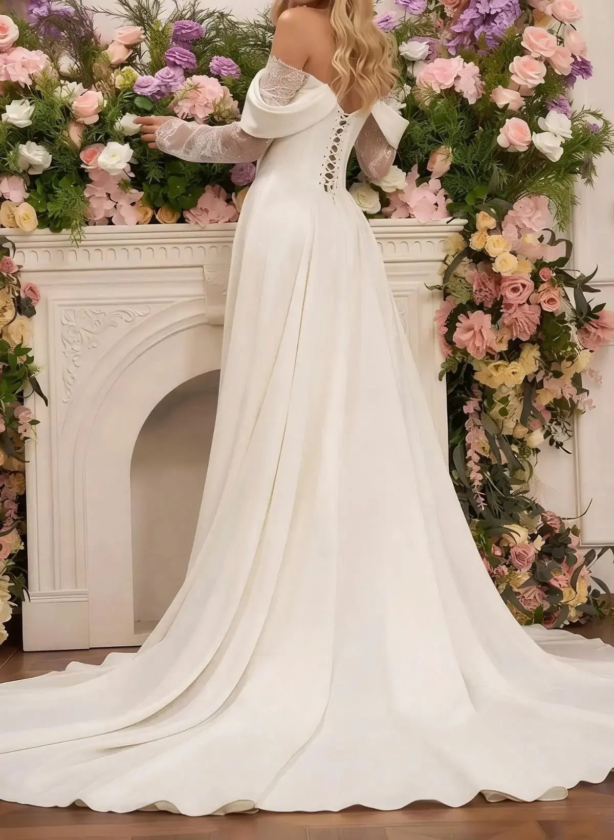 Dressystars A Line Off the Shoulder Long Sleeves Court Train Lace Wedding Dress with Front Slit