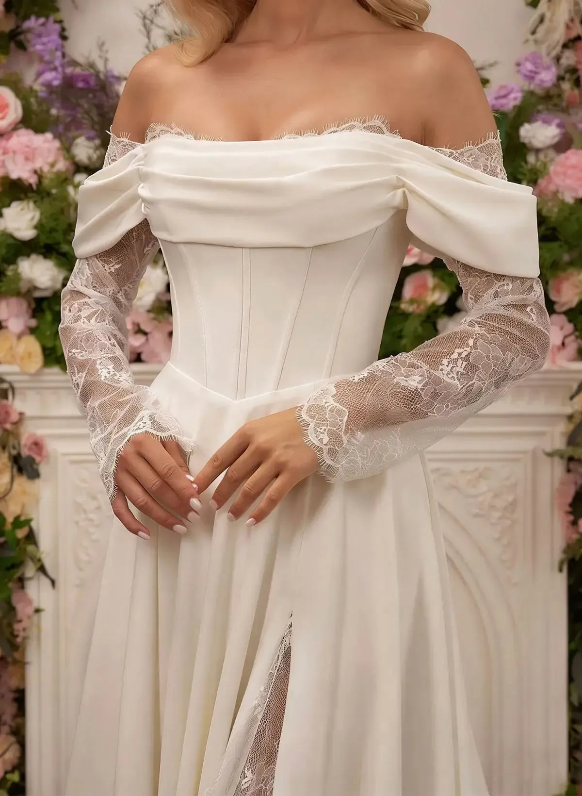 Dressystars A Line Off the Shoulder Long Sleeves Court Train Lace Wedding Dress with Front Slit