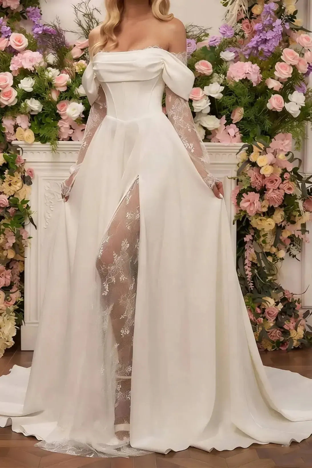 Dressystars A Line Off the Shoulder Long Sleeves Court Train Lace Wedding Dress with Front Slit