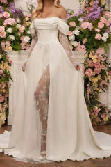 Dressystars A Line Off the Shoulder Long Sleeves Court Train Lace Wedding Dress with Front Slit