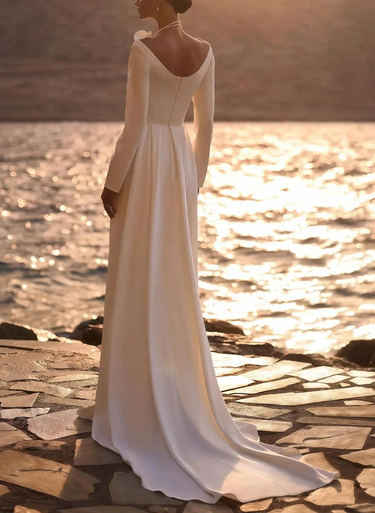 Dressystars A Line Off the Shoulder Long Sleeves Sweep Train Elastic Satin Wedding Dress