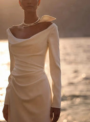 Dressystars A Line Off the Shoulder Long Sleeves Sweep Train Elastic Satin Wedding Dress