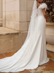 Dressystars A Line One Shoulder Sleeveless Chapel Train Elastic Satin Wedding Dress with High Slit