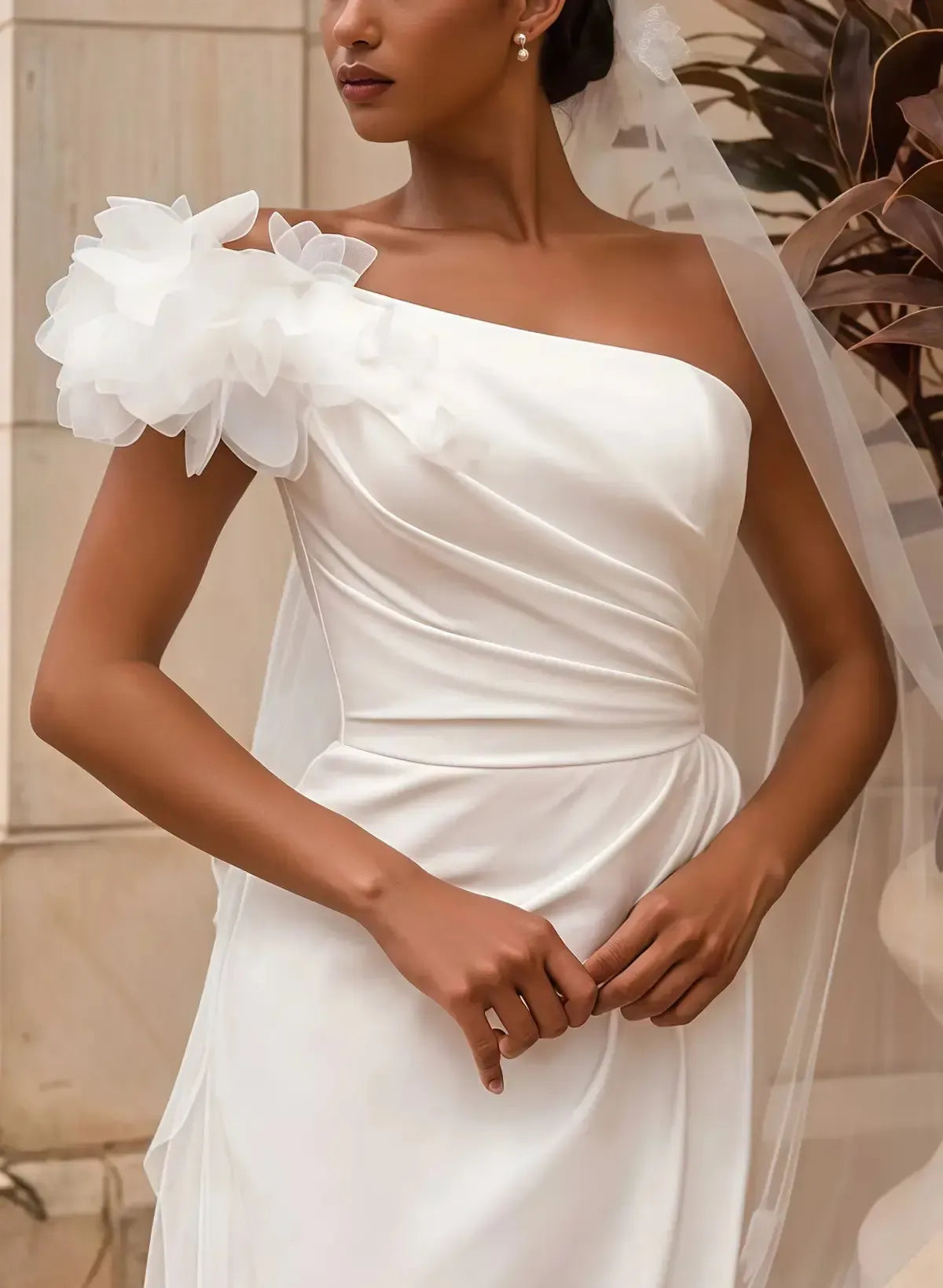 Dressystars A Line One Shoulder Sleeveless Chapel Train Elastic Satin Wedding Dress with High Slit