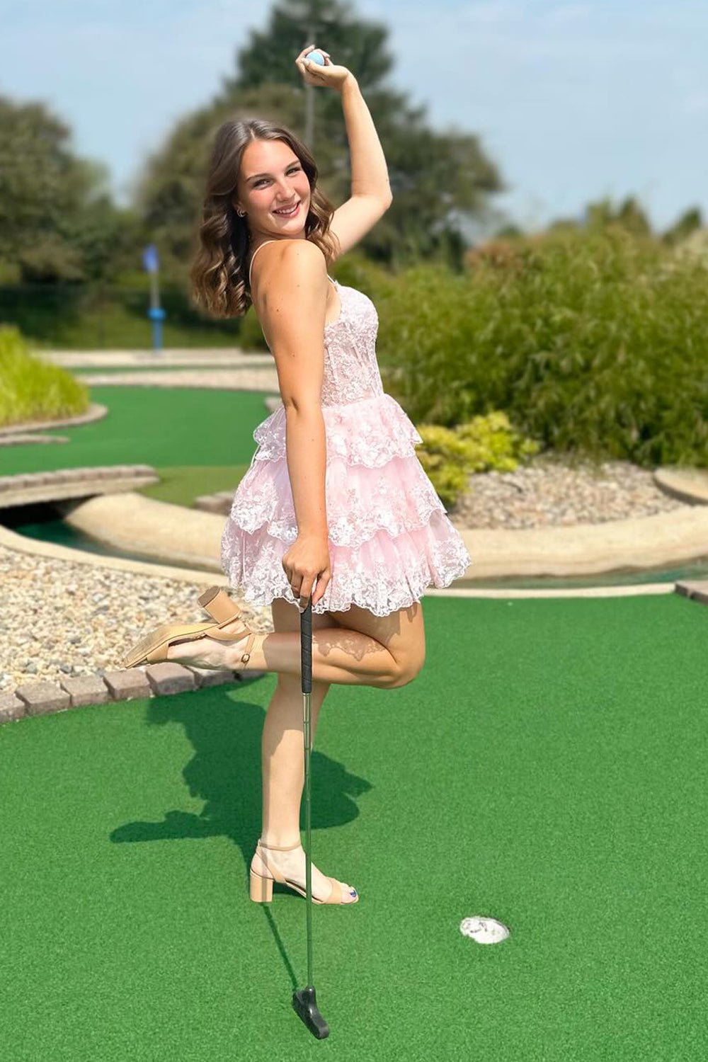 Dressystars A Line Pink Homecoming Dress Corset Short Prom Dress with Lace-Up Back