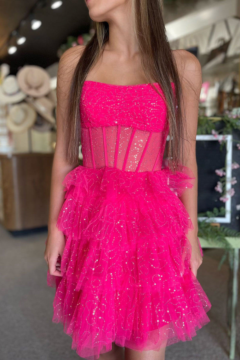 Dressystars A-Line Pink Homecoming Dress Corset Tiered Tulle Short Prom Dress