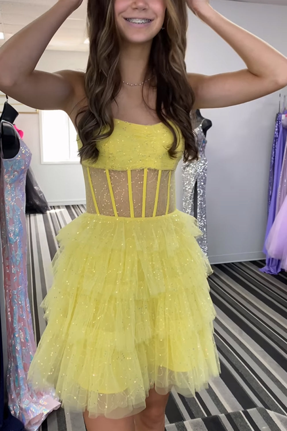 Dressystars A-Line Pink Homecoming Dress Corset Tiered Tulle Short Prom Dress