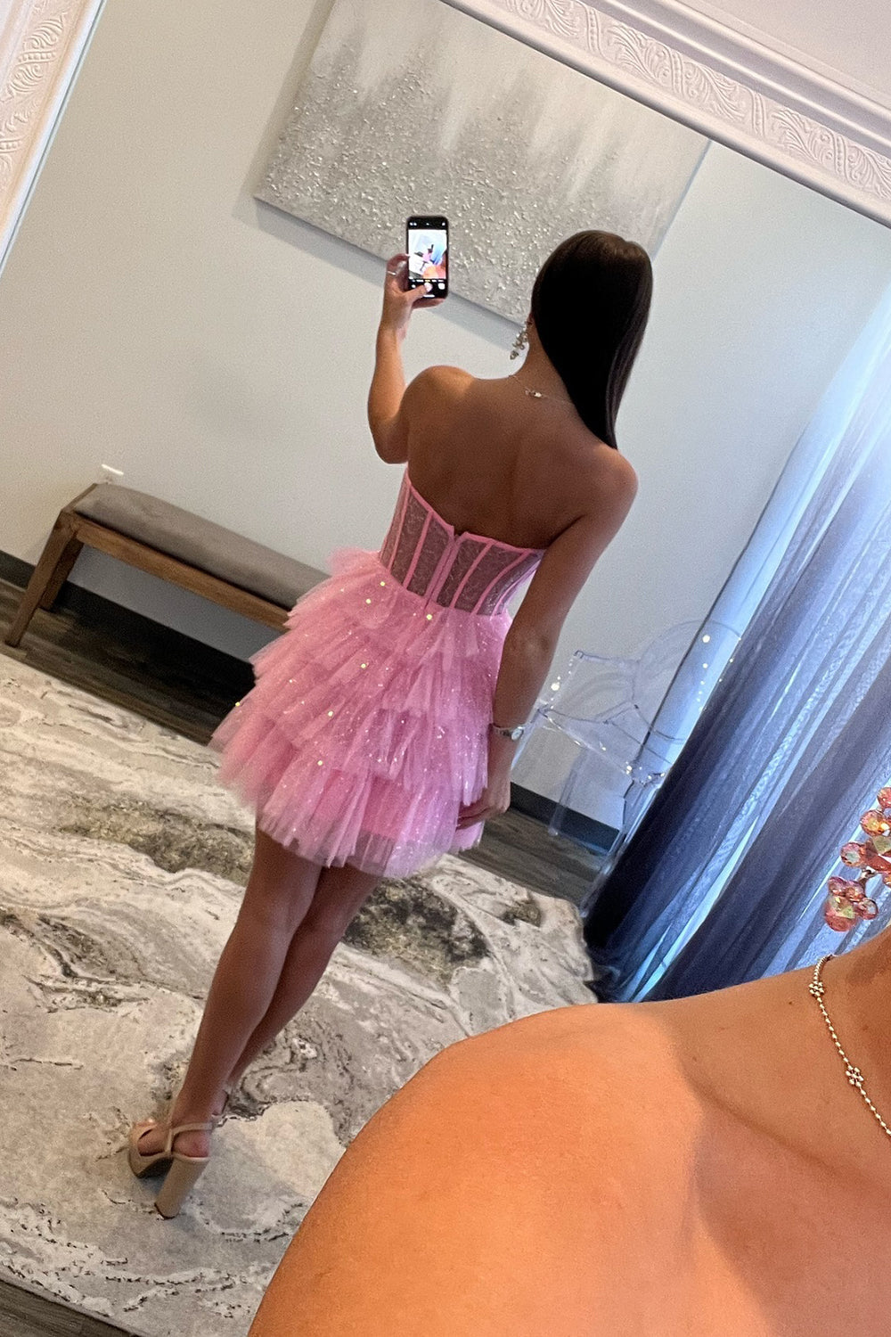 Dressystars A-Line Pink Homecoming Dress Corset Tiered Tulle Short Prom Dress