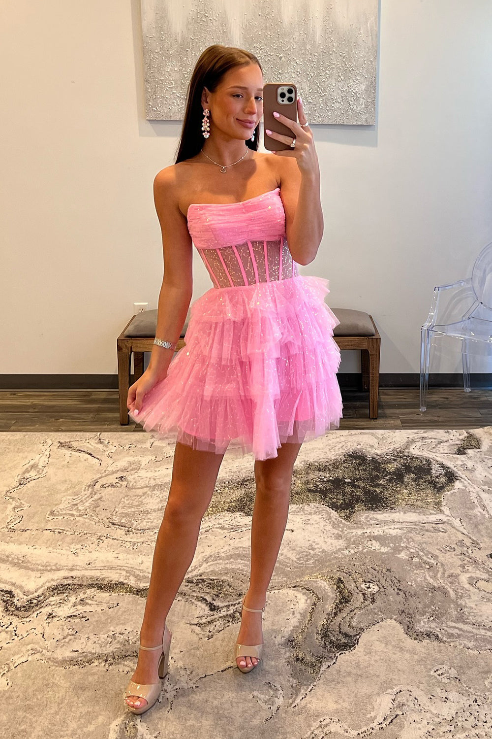 Dressystars A-Line Pink Homecoming Dress Corset Tiered Tulle Short Prom Dress