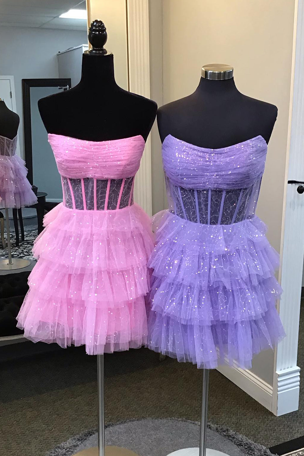 Dressystars A-Line Pink Homecoming Dress Corset Tiered Tulle Short Prom Dress