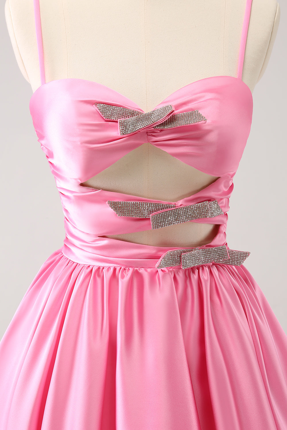 Dressystars A Line Pink Homecoming Dress Spaghetti Straps Tiered Short Prom Dress with Bow