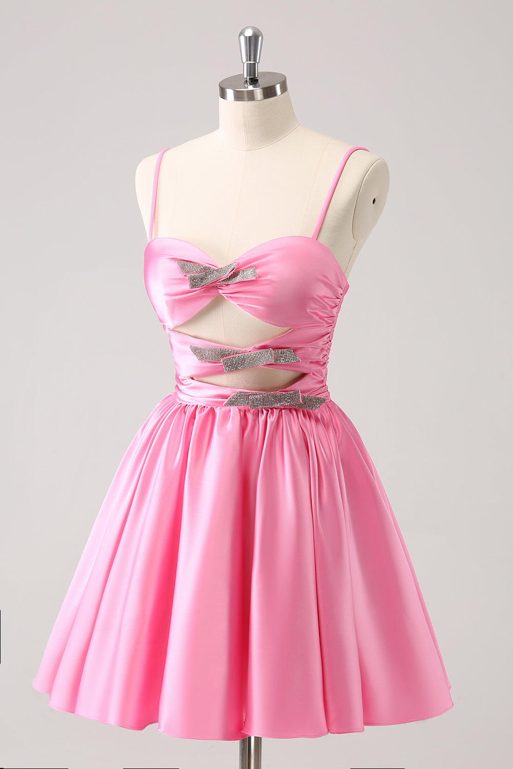 Dressystars A Line Pink Homecoming Dress Spaghetti Straps Tiered Short Prom Dress with Bow
