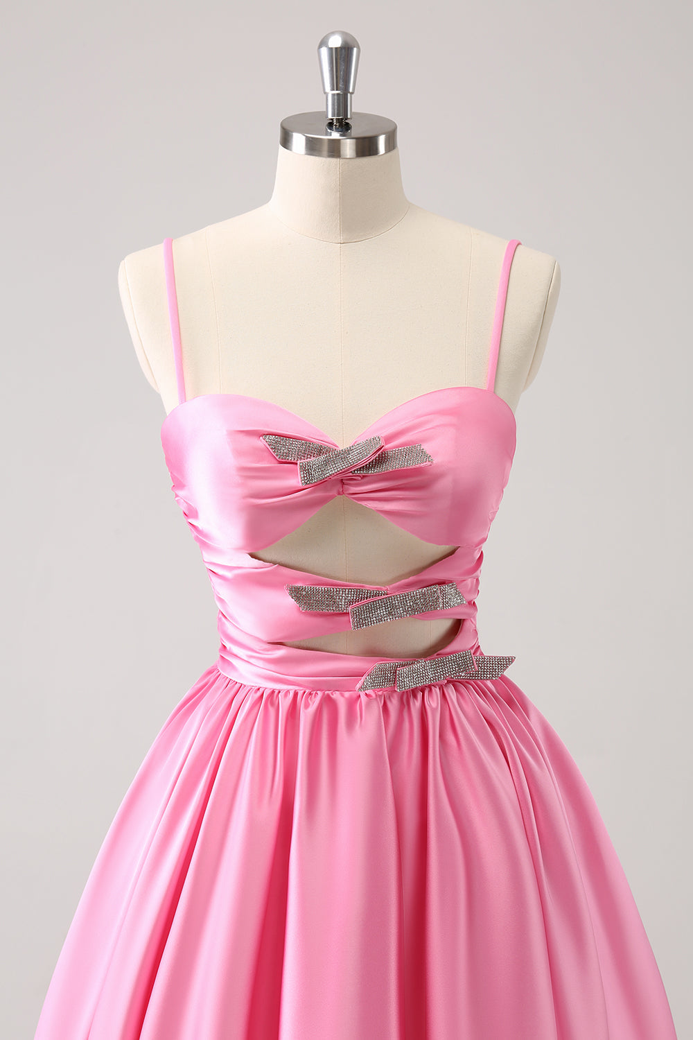 Dressystars A Line Pink Homecoming Dress Spaghetti Straps Tiered Short Prom Dress with Bow
