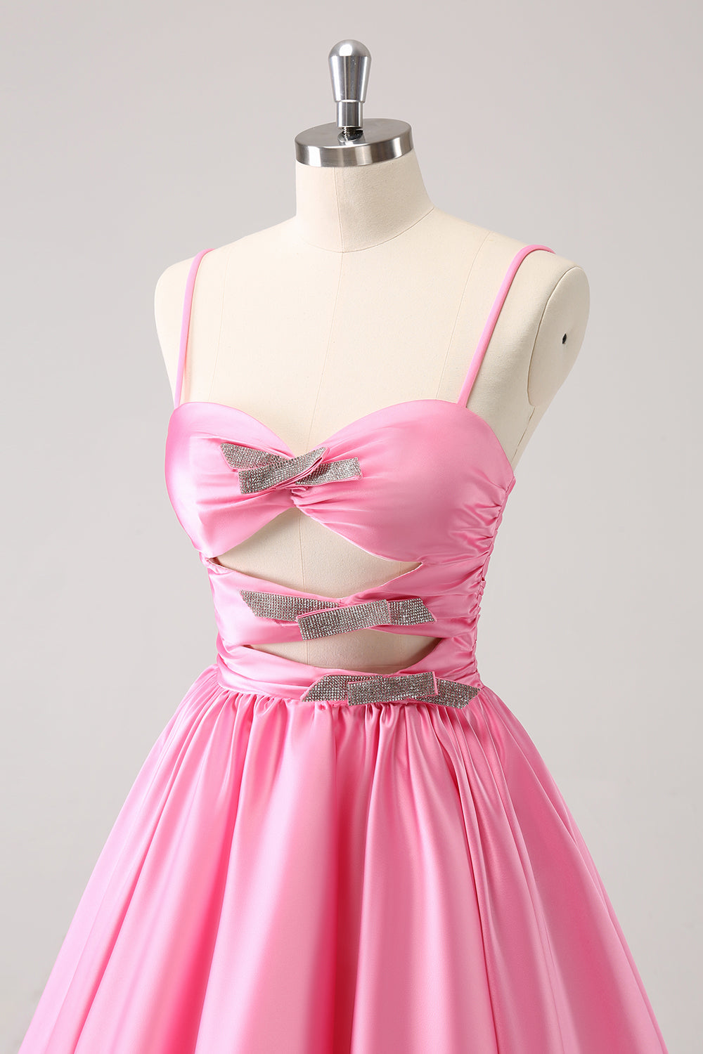 Dressystars A Line Pink Homecoming Dress Spaghetti Straps Tiered Short Prom Dress with Bow