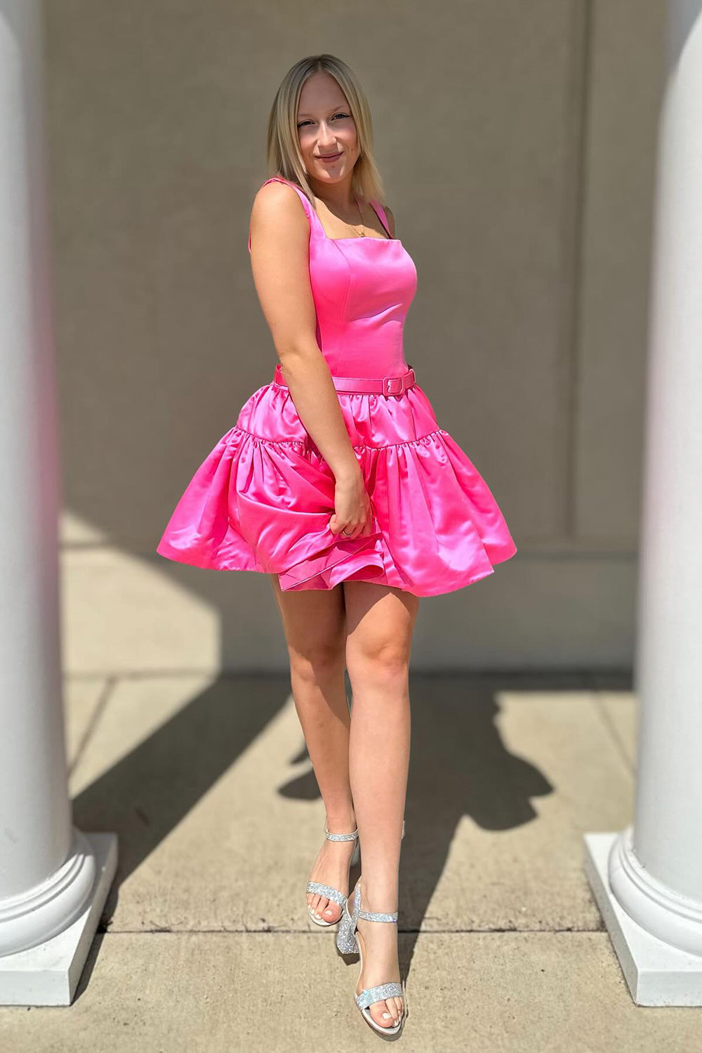 Dressystars A-Line Pink Homecoming Dress Square Neck Ruffles Short Prom Dress with Belt